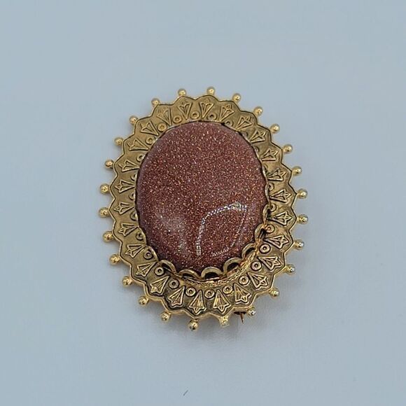 Vintage Brooch Goldstone Goldtone Filigree Brooch #505 - Picture 4 of 11